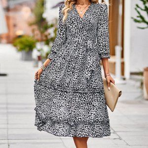 Black Leopard Surplice Tie Belt Slit Dress